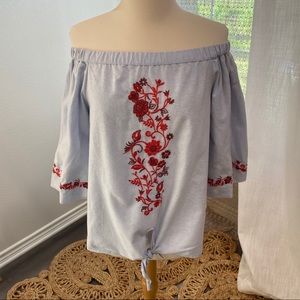 BLUE RAIN Off-the-Shoulder Embroidered Blouse